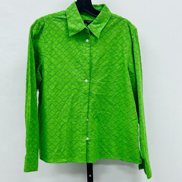 Talbots Women’s Button Down Blouse Shirt Size M Petite Green Eyelet Long Sleeve - Picture 1 of 4